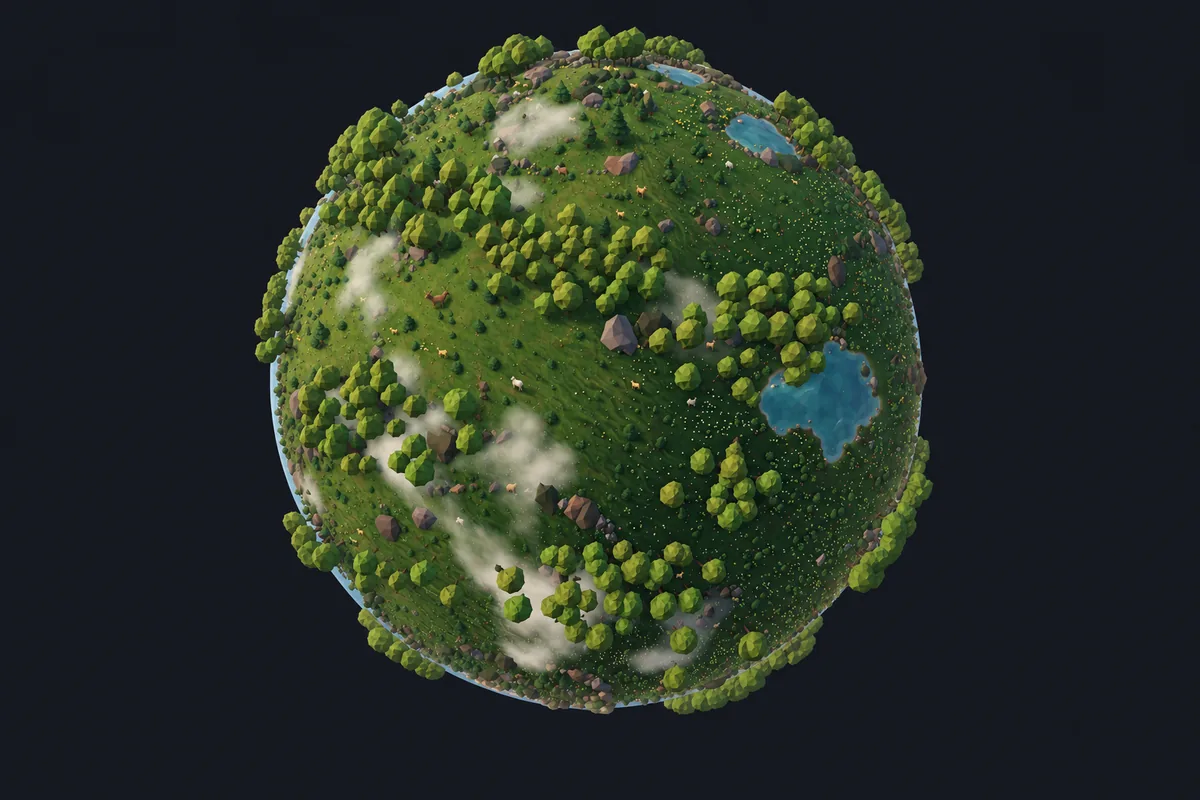 Illustration of the World 2.0 planet: a small globe covered with forests, meadows and lakes
