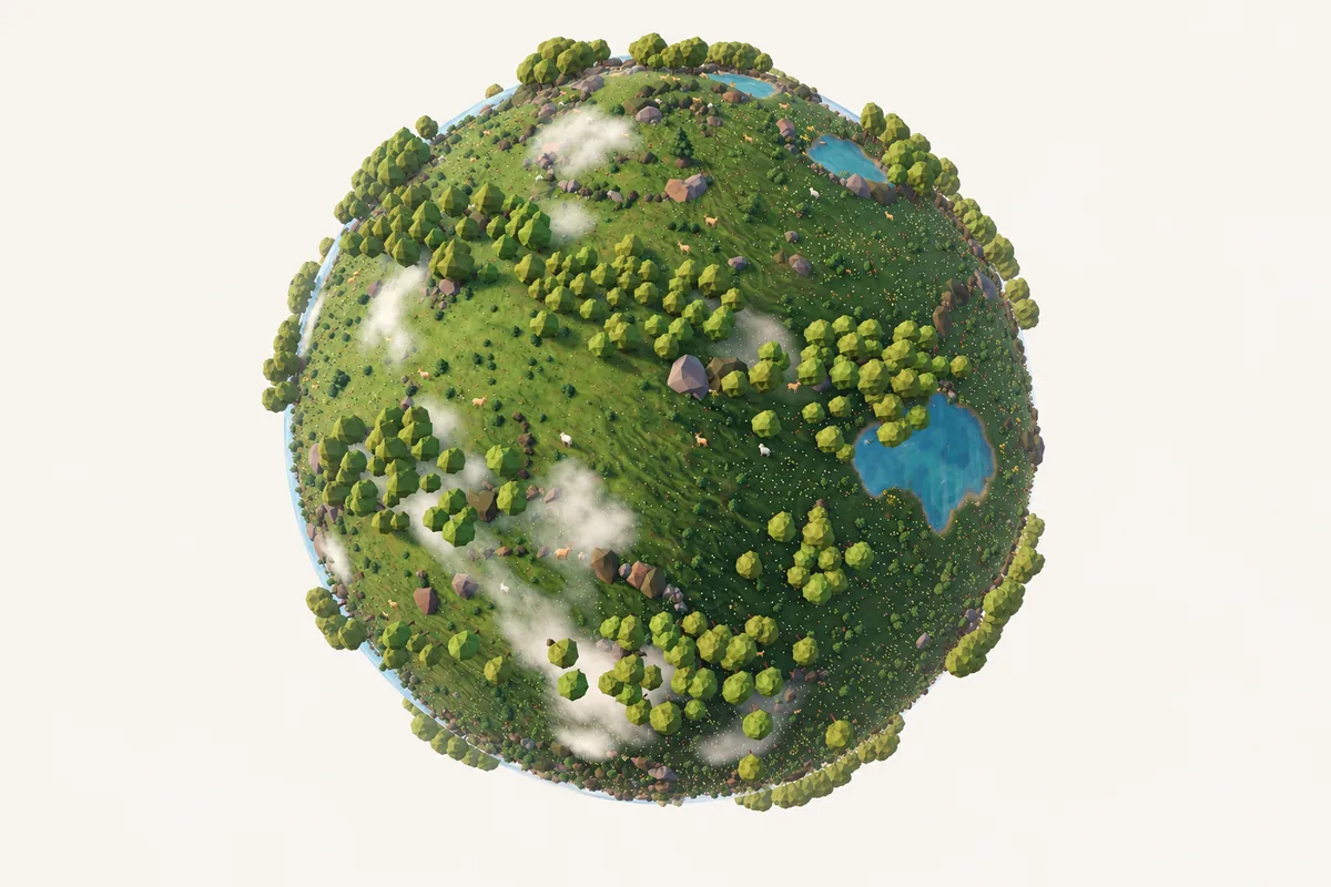 Illustration of the World 2.0 planet: a small globe covered with forests, meadows and lakes